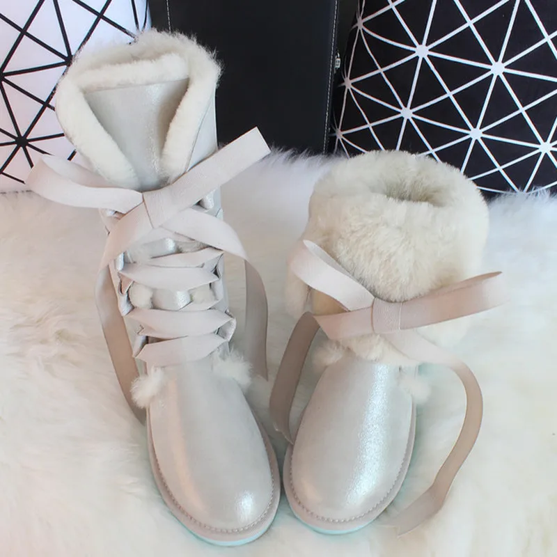Online G Zaco Luxury Sheepskin Snow Boots Australia Knee high Winter Natural Wool Boots Sheep Fur Boots Knee Bow Flat Women Long Boots