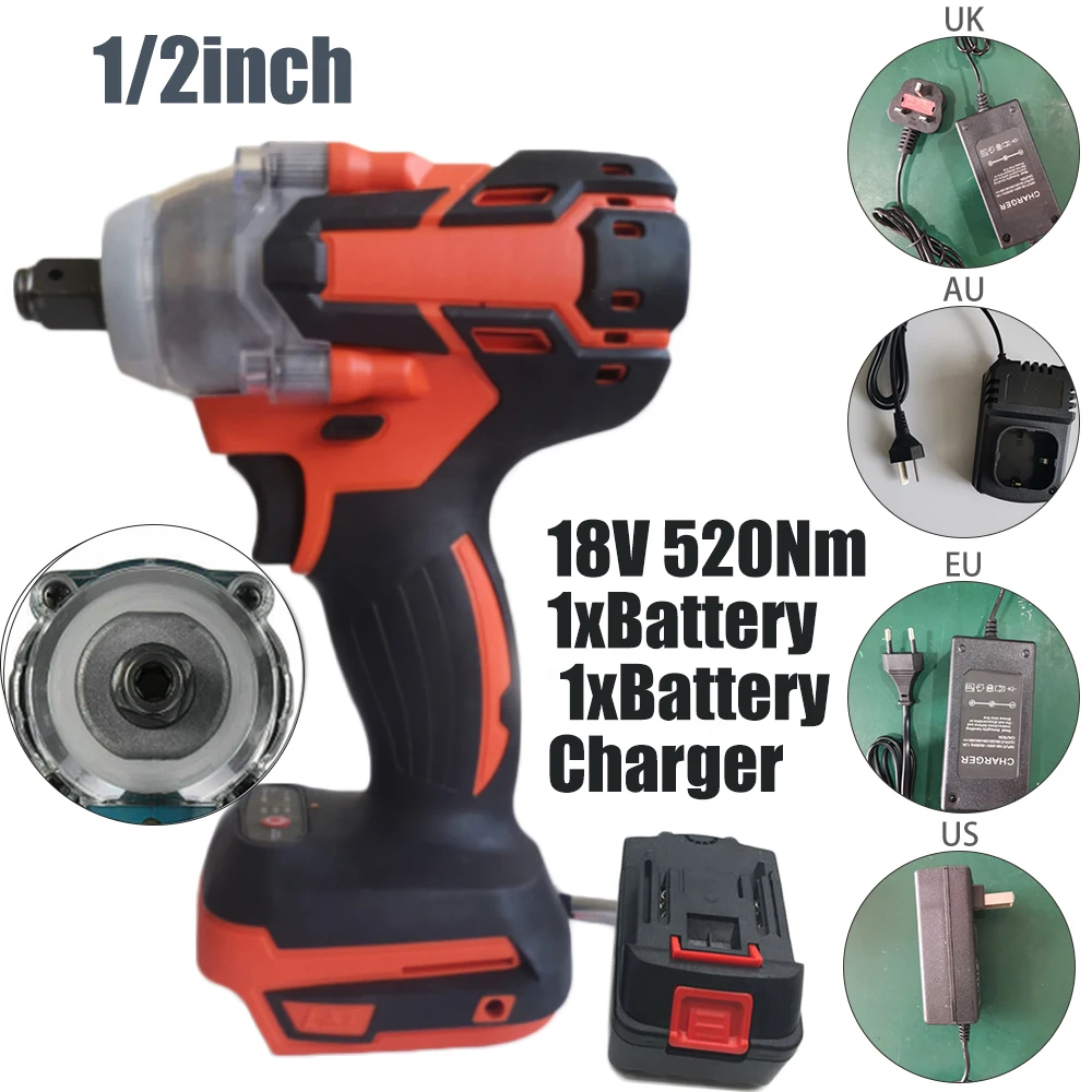 

Cordless Brushless 18V 1/2inch 520Nm Electric Impact Wrench Driver + Battery Set EU/US/UK/AU For Maintenance/woodworking
