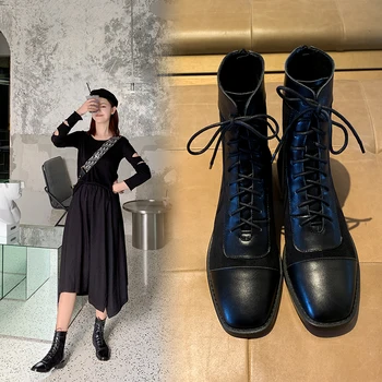 

2020 spring and autumn new square head lace-up with Martin boots fashion wild thick root boots ladies leather shoes X057