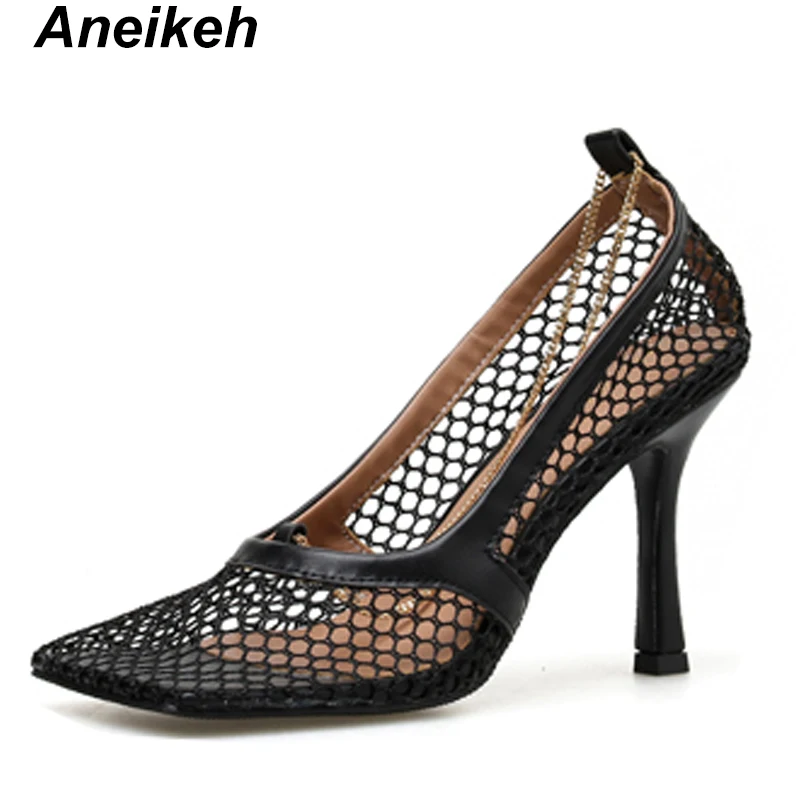 Aneikeh NEW Shoes Women Square Toe Hollow Out Mesh Pumps High Heels Ankle Chain Decor Summer Shoes Black Sexy Slip On Pumps