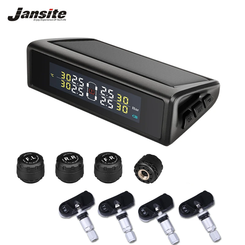 

Jansite TPMS Car alarm Tire Pressure sensors Monitoring Intelligent System Solar Power USB charge LED Display 4 External Sensors