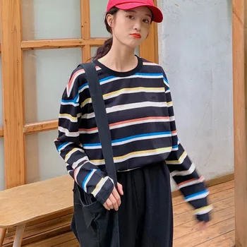 

Women Long T-Shirts Stripe Autumn Casual Loose T Shirt O-neck Top Korean Street wear Plus Size Female Clothes Tops