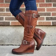 Женские сапоги до колена; женские сапоги-гладиаторы на каблуке в винтажном стиле; большие размеры; сезон осень-зима; женская обувь на танкетке; zapatos mujer sapatoH320