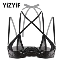 Женский Бикини Топ спереди крест полка бюстгальтер Топ Wetlook женское белье из лакированной кожи Холтер шеи Регулируемый спагетти плечо верх с лямками