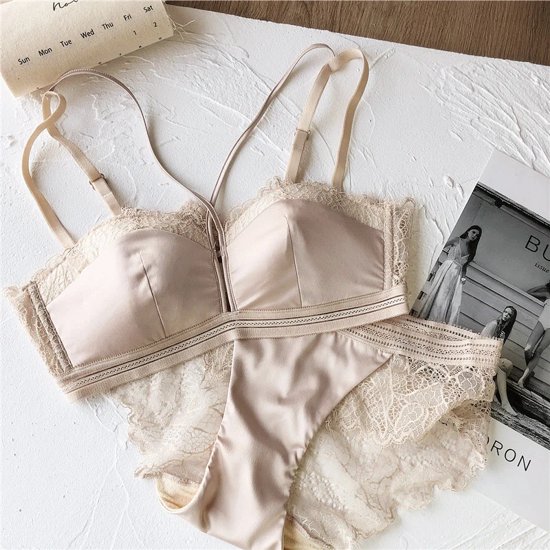 women lace sexy bra set intimates hollow out half cup lingerie thin cotton cup temptation panty briefs silk wire free underwear