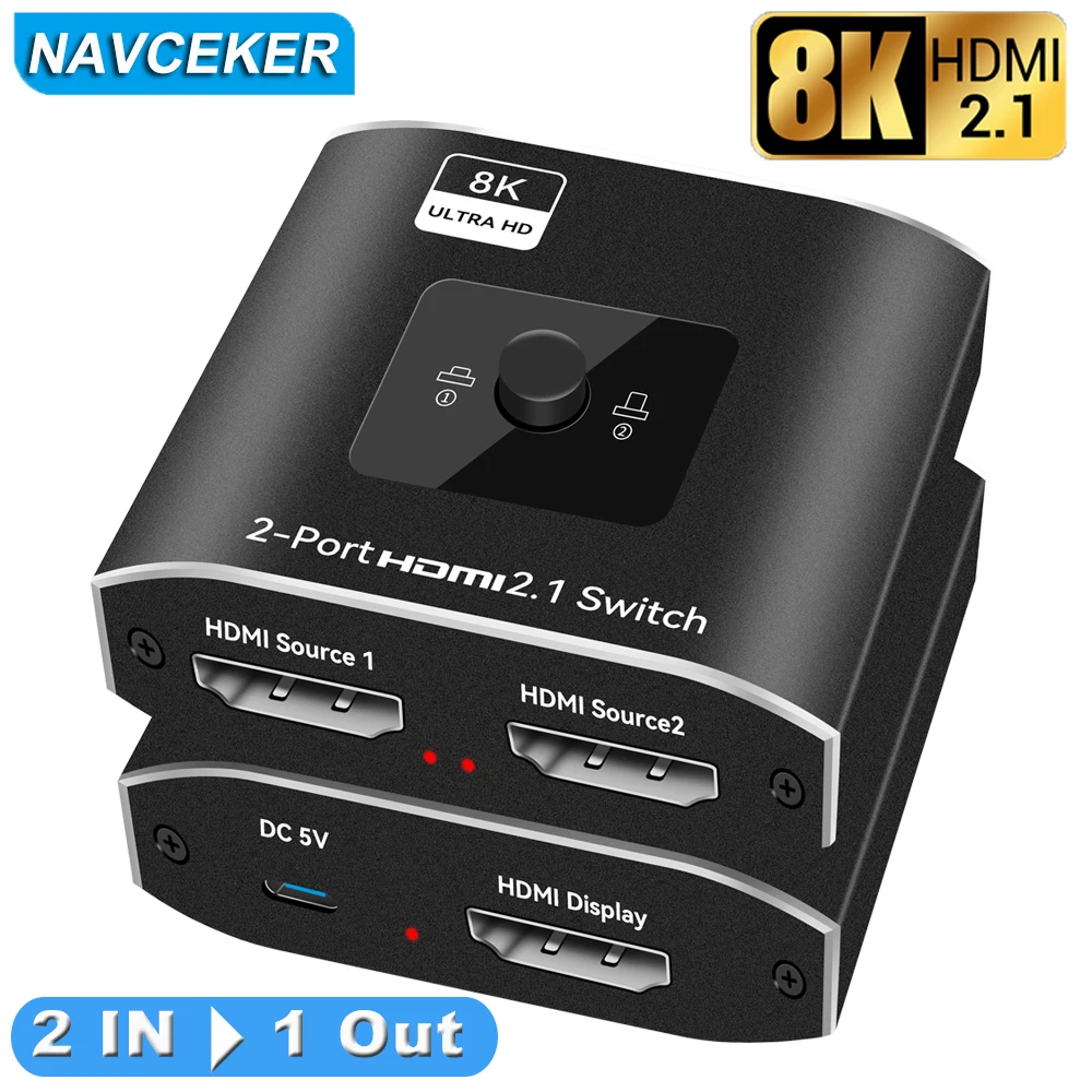 2024 Switcher HDMI 2.1-compatible 2 in 1 out Ultra 48Gbps 8K@60Hz 4K@120Hz  Switch adapter With switch button For HDTV Projector