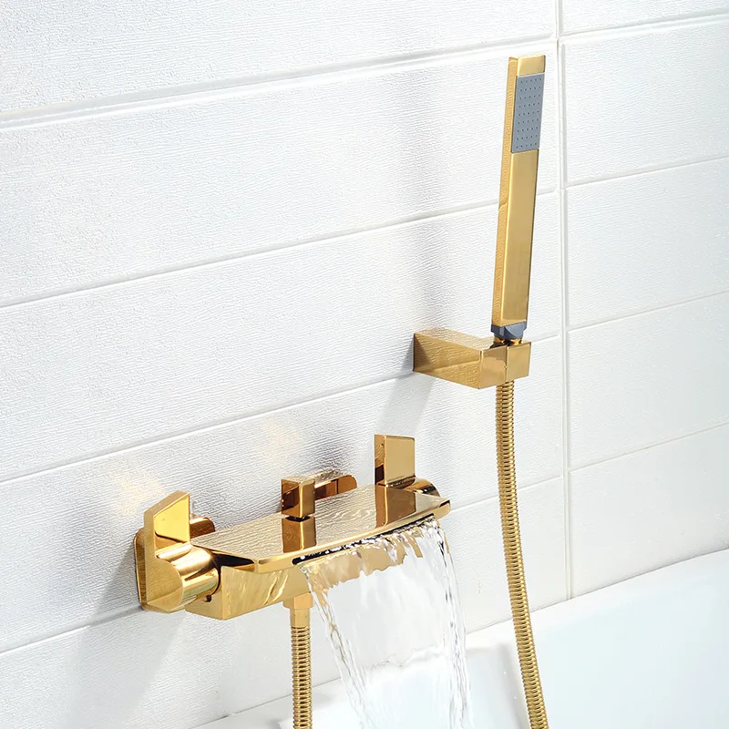 Senlesen смеситель для ванны медный водопад вода дождевой Душ смесительный клапан Ванна боковая поверхность монтируется душевой набор - Цвет: golden