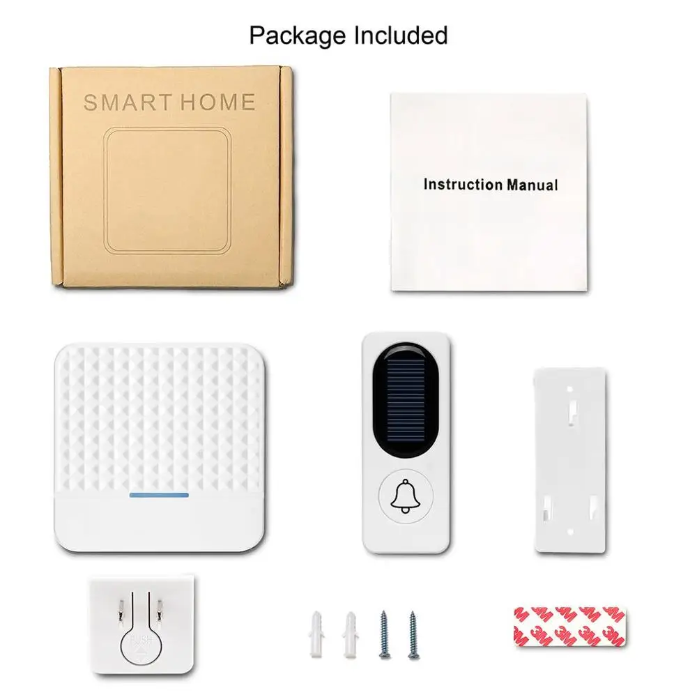 Solar powered Waterproof Wireless DoorBell EU US UK plug Smart Door Bell chime 1 button 1 Receiver LED light