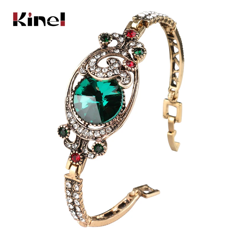 Luxury Vintage Green Satellites Bangles Antique Gold Color Colorful Crystal Turkish Bracelets For Women Bijouterie crystal bracelet