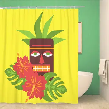 

Bathroom Shower Curtain Tropical Palm Leaves and Flowers Hibiscus Hawaii Tiki Mask 72x72 inches Waterproof Bath Curtain Set with