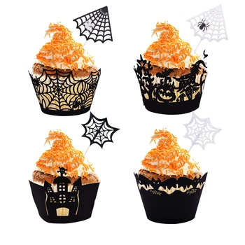 

Halloween Paper Cupcake Wrapper Supplies Black White Spider Web Cake Topper for Birthday Halloween Party Decoration