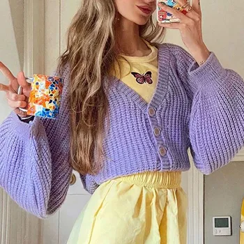 

Muyogrt Women Cropped Cardigan Autumn Casual Purple Sweater Cardigan Knitted Crop Top Loose Lantern Sleeve Vintage Knit Cardigan