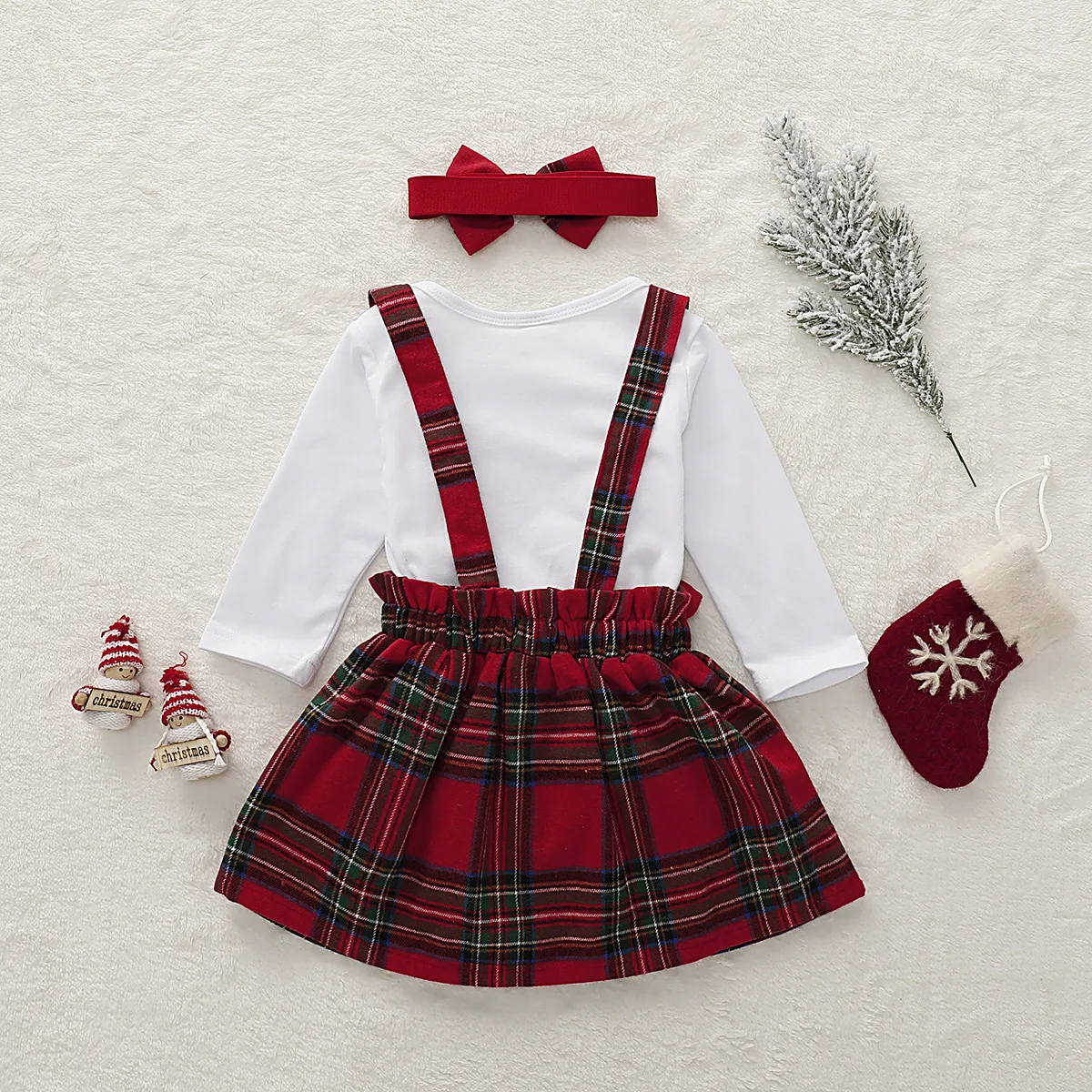 Рождественский комплект с платьем для маленьких девочек, клетчатая юбка, штаны, повязка на голову, боди, одежда для маленьких девочек