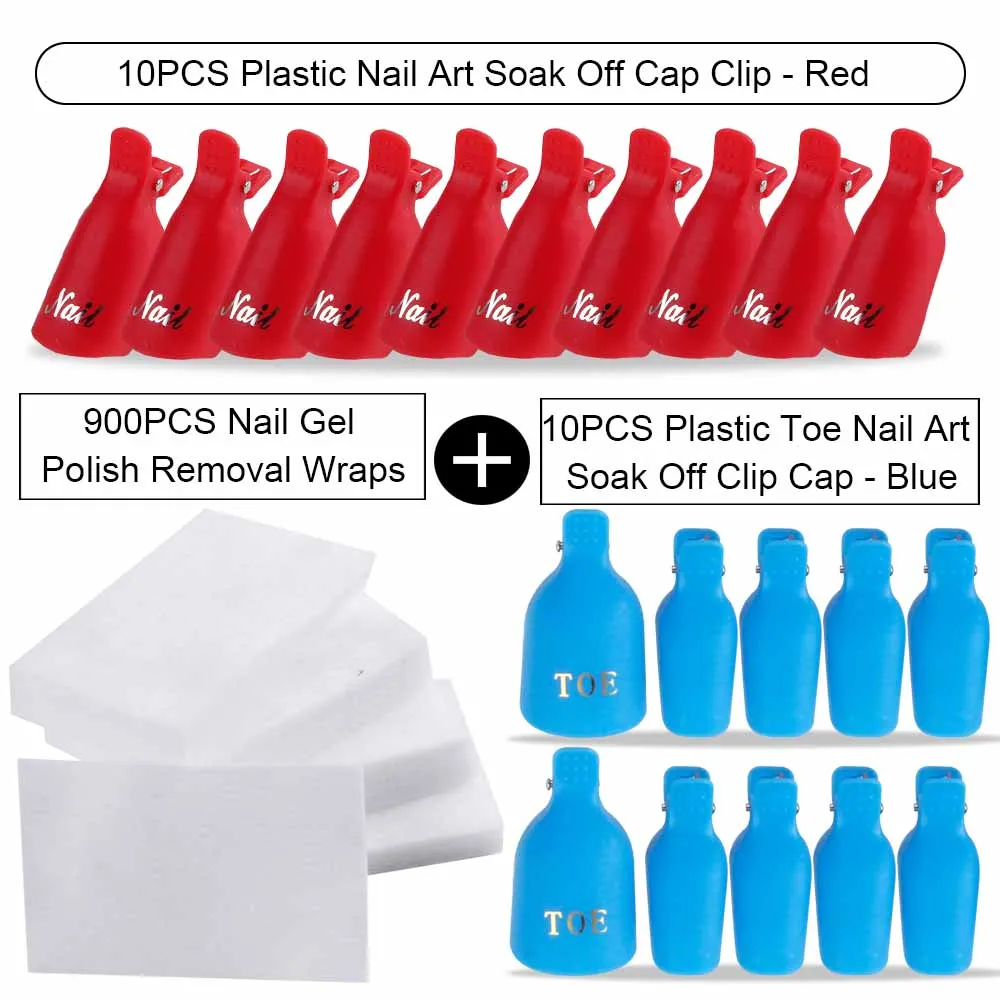 20PCS Plastic Fingers And Toes Nail Art Soak Off Cap Clip And 900PCS Cleanser Nail Gel Polish Removal Wraps Remove Tool Nail Tip - Цвет: Blue Toe Red Hand