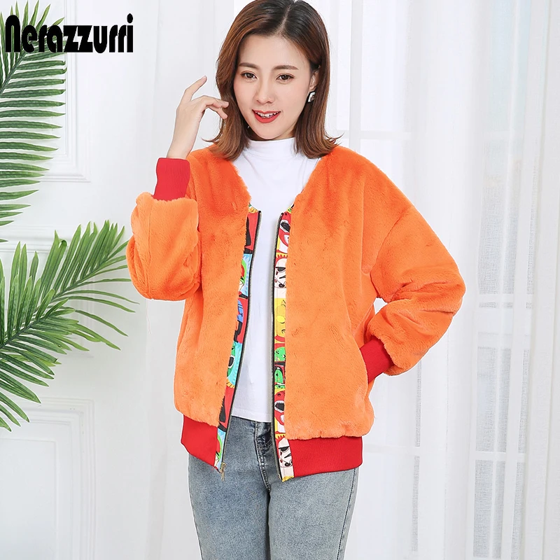 Nerazzurri Short reversible faux fur lined coat women Winter multicolor thick warm inside bomber jacket fashion zipper | Женская одежда