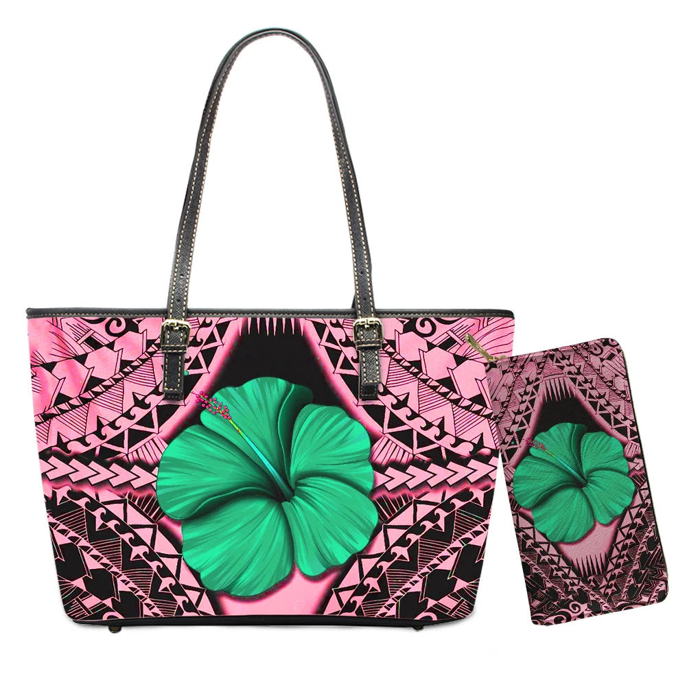 Hawaii Leather Handbags Set Polynesian 2pcs Women Top handle Bag And