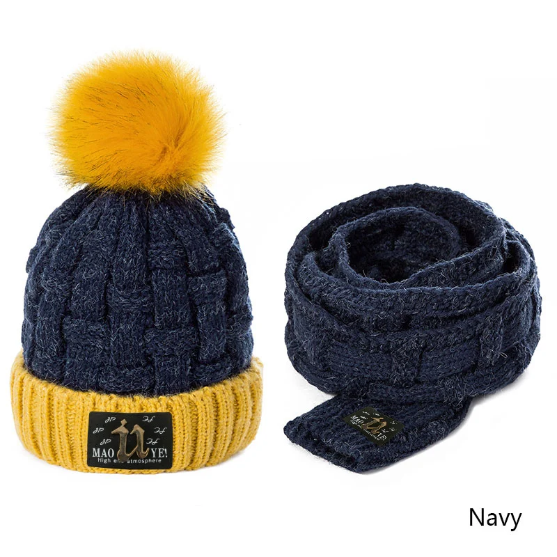 Navy REAKIDS/Модная зимняя детская шапка, шарф, комплект с помпонами, теплые хлопковые шапочки, детская шапка с шарфом, шапка для девочек и мальчиков, унисекс - Цвет: Navy