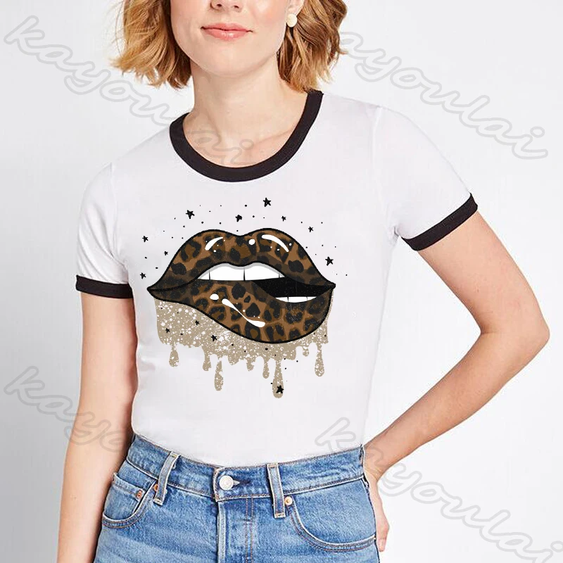 Fashion Sexy Leopard Lips Ringer Tee 
