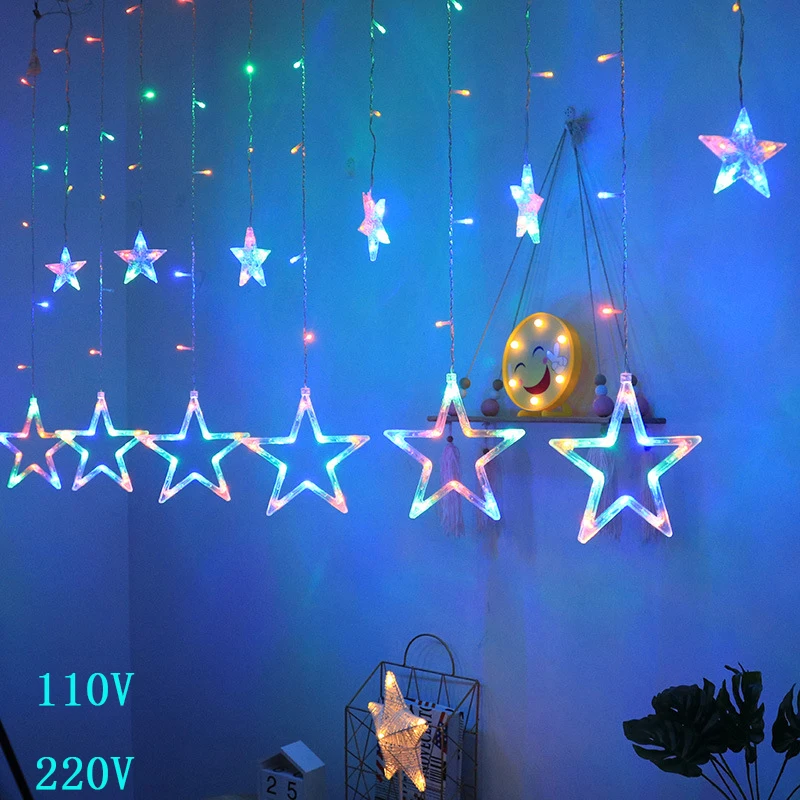 

220V EU Plug LED Star Christmas Curtains lights Indoor/Outdoor Garland string fairy Lamp For Holiday Wedding Party Decoration