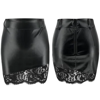 

Sexy Faux PU Leather Pencil Skirts Womens Zipper Punk Rock Mini Skirt Streetwear Black Lace Hem High Waist Skirts Faldas Mujer