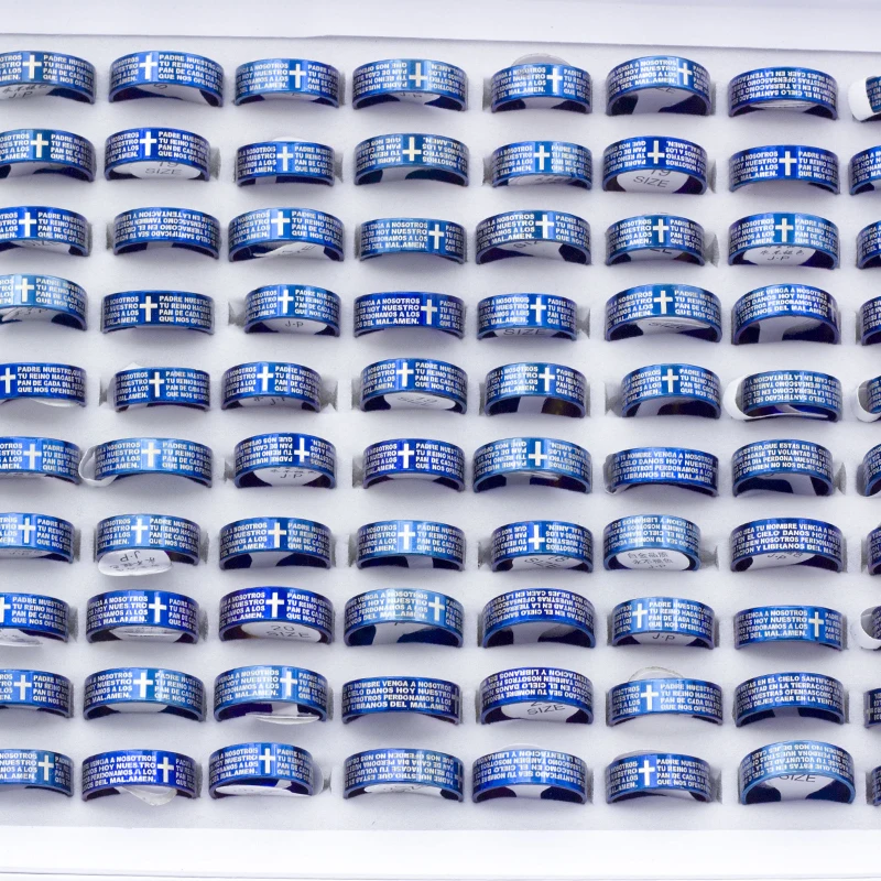 8MM Brand New 50PCS/Lot English Jeremiah Prayer Stainless Steel Etching Polished Band Cross Rings Wholesale Gifts