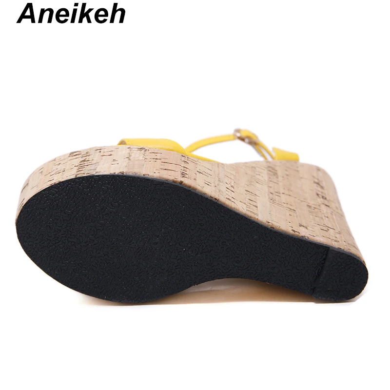 Aneikeh/модные женские босоножки из искусственной кожи на танкетке Туфли-лодочки с ремешком на щиколотке модельные туфли на очень высоком каблуке 15 см с открытым носком и ремешком с пряжкой женская обувь