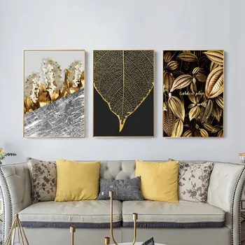 

Nordic Golden Abstract Leaf Flower Wall Art Canvas Painting Black White Feathers Poster Print Wall Picture for Living Room Decor