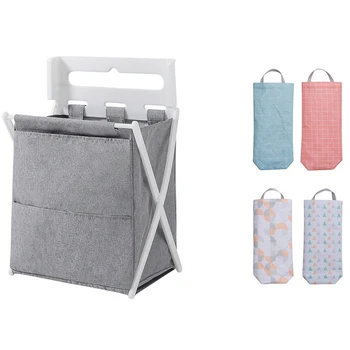 

HOT 1Pcs Foldable Laundry Storage Bucket Clothes Hamper Grey & 4Pcs Plastic Bag Holder Dispenser Waterproof Wall Mount