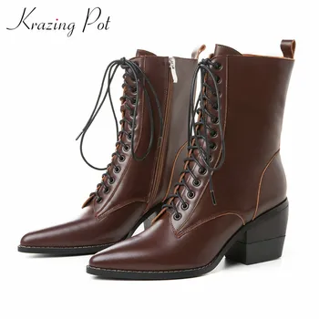 

krazing pot hot superstar vintage cow leather boots pointed toe high heels lace up zip women winter fashion mid-calf boots L18