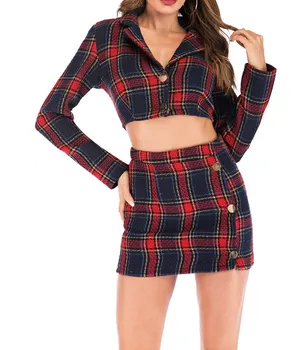 

Autumn Plaid 2 Piece Set Button Women Long Sleeve Crop Blazer And Mini Skirt Sexy Outfits Knitted Matching Sets
