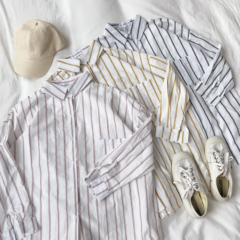 

Korean Style Stripes Women Boyfriend Shirts Long Sleeve Front One Packet Yellow Purple Blue Stripes Soft Blouse Tops