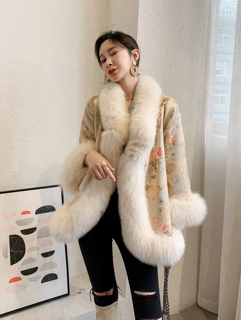2020 Natural Real Fox Fur Coat Winter Jacket Women Female Chinese Style Cloak Dragon Phoenix