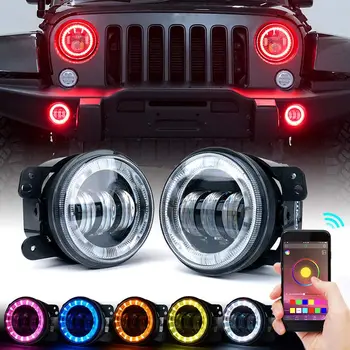 

4 inch LED Bluetooth Fog Light W/RGB Halo Angel Ring For 2007-2018 Jeep Wrangler JK, 60W LED Chip -