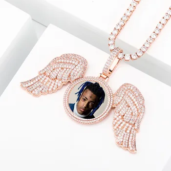 

New Angel Wings Custom Photo Locket Pendant And Necklace Iced Out Cubic Zirconia Pendant Hip Hop Jewelry Gift For Men Women Gift