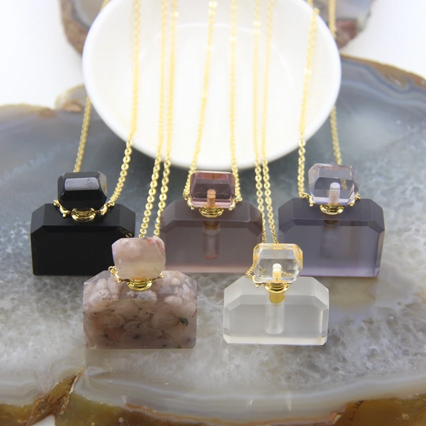 Classic Natural Large Slab Quartz Crystal Perfume Bottle Pendants,High Quality Healing Gemstone Essential Oil Bottle Necklace