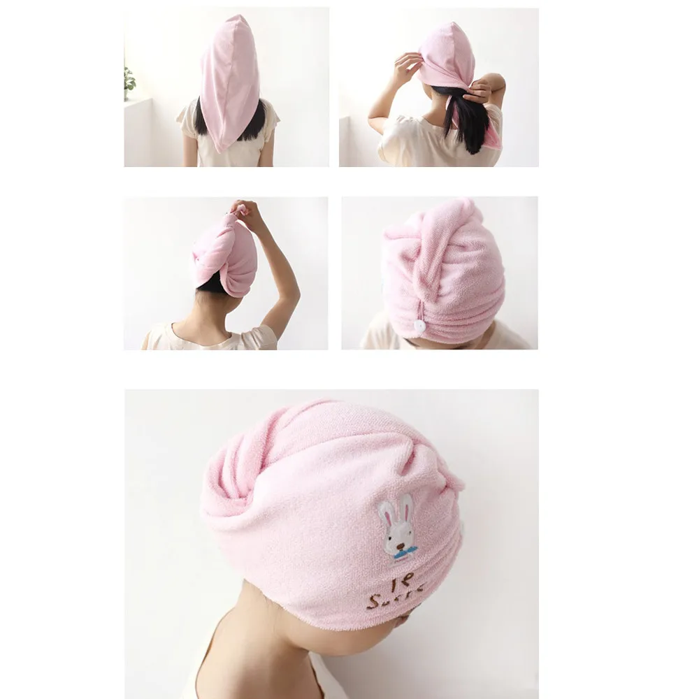 Волшебная микрофибра для волос, быстросохнущее полотенце, банное полотенце, шапка, быстрая Шапка-тюрбан, сухие розовые шапки с милым кроликом