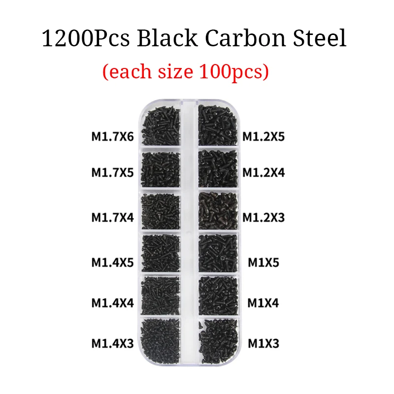 1200 шт./компл. M1 M1.2 M1.4 M1.7 Ассорти микро винты для очков с круглой головкой самонарезающие электронный маленький деревянный комплект винтов - Цвет: Carbon steel