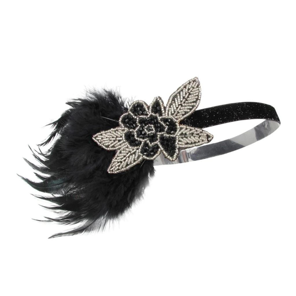 Women's Vintage Feather Headband, Black Rhinestone Applique 20s Flapper Headband - Roaring 1920s Headpiece - Shiny Elastic Band