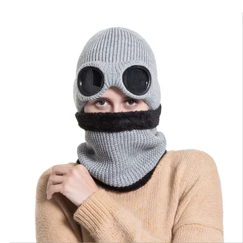 

Double-use Thickened Winter Knitted hat and scarf set Warm Beanie Ski Cap with Removable Glasses for Men Women