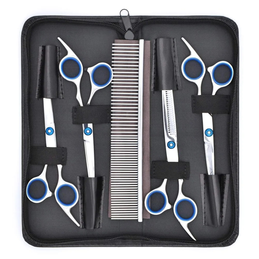 

7 inch Pet Grooming Scissors Set Straight Curved Dog Cat Cutting Thinning Shears Comb Kit Dogs Cats Hair Thinning Shears