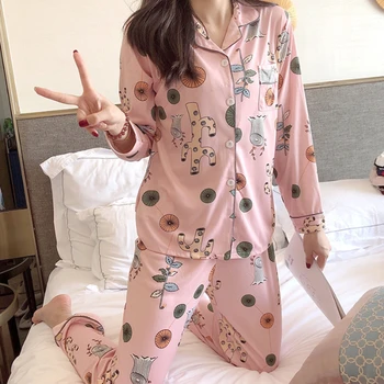 

Pajama Sets Women Long Sleeve Autumn 2xl Cardigans Printed Elegant Thin Trendy Korean Style Homewear Pockets Womens Pyjamas