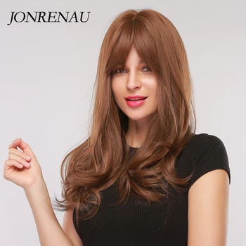 

JONRENAU 26 Inch Loose Wavy Light Brown Wig With Bangs For Black White Women Daily Use Synthetic Hair Wigs Heat Resistant