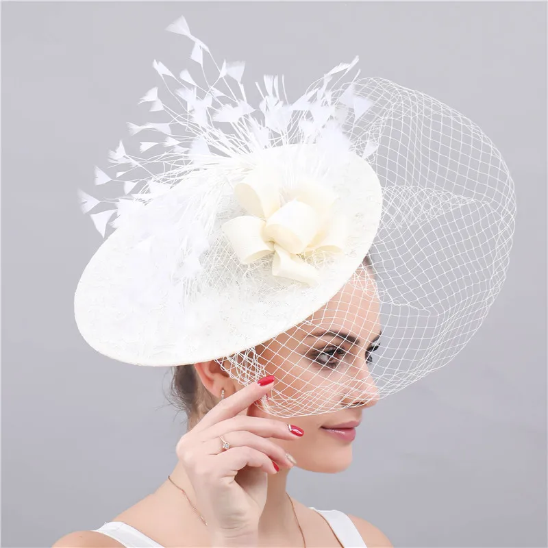 JaneVini Large Elegant Women Hats Wedding Facinators Linen Mesh Birdcage Veil Ivory Princess Bride Lace Hat Accesorios De Novias hair accessories bridal hair accessories fascinator hats