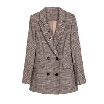 

PEONFLY Vintage Double Breasted Plaid Women Blazer Pockets Jackets Female Retro Suits Coat Feminino Blazers Outerwear