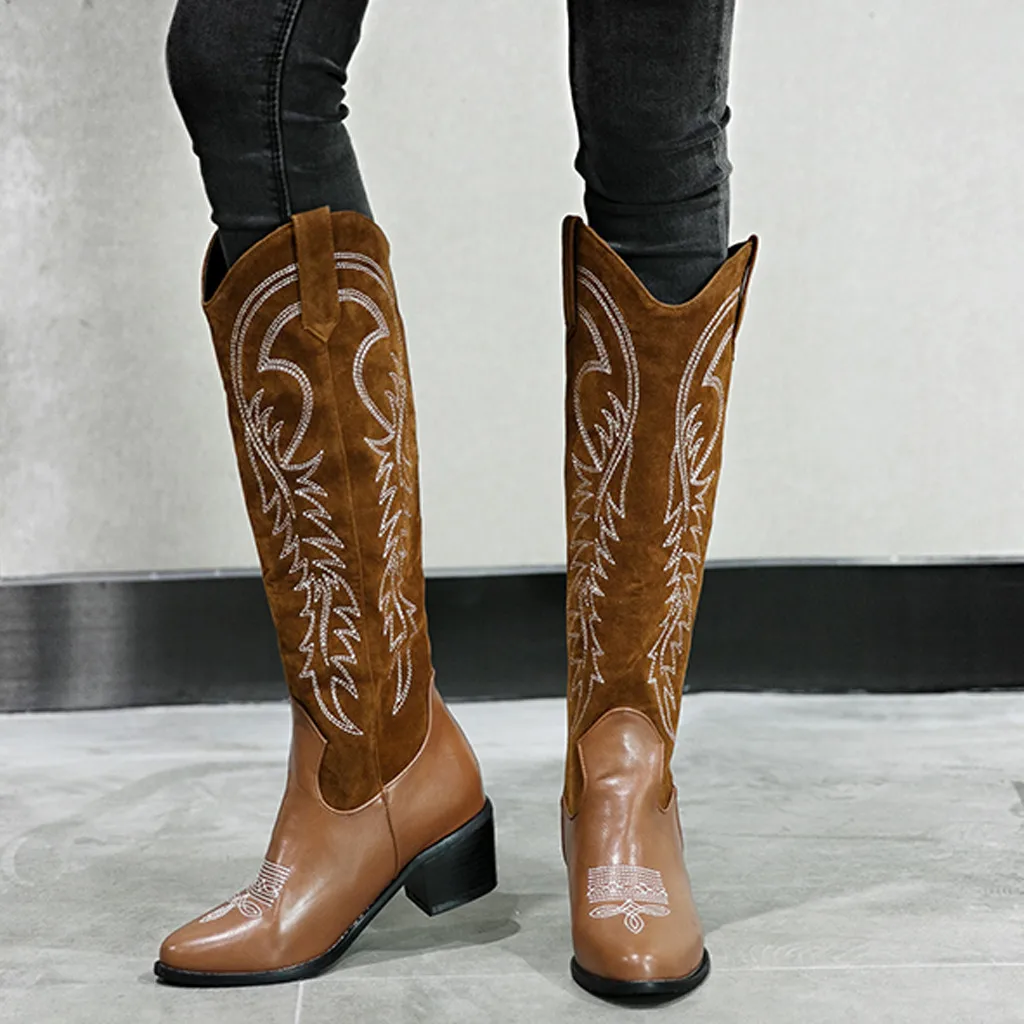 Женские сапоги; сапоги до бедра с вышивкой; ковбойские сапоги в западном стиле; женская зимняя обувь; женские винтажные сапоги до середины икры из искусственной кожи