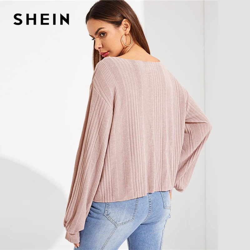 SHEIN, однотонный топ с заниженным плечом, трикотажный эластичный Топ, Женский весенне-осенний длинный рукав, v-образный вырез, Женские повседневные футболки топы