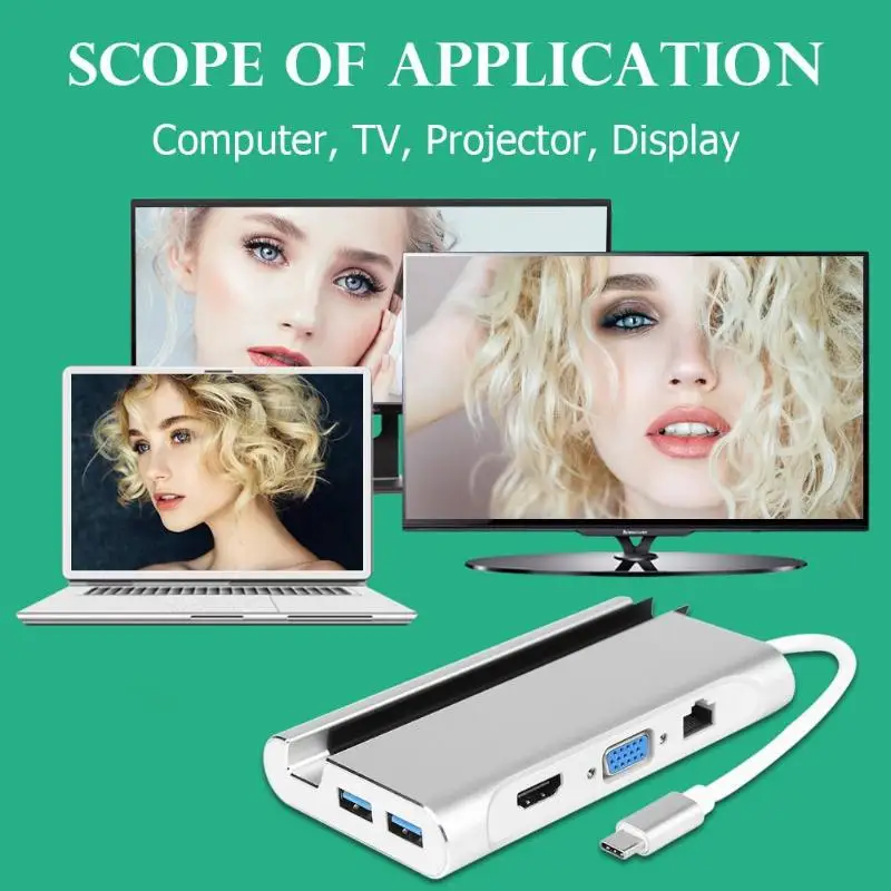 USB C концентратор адаптер для Gigabit Ethernet порт HDMI VGA 3 USB3.0 PD type-C конвертер Поддержка OTG и nintendo переключатель серебристый