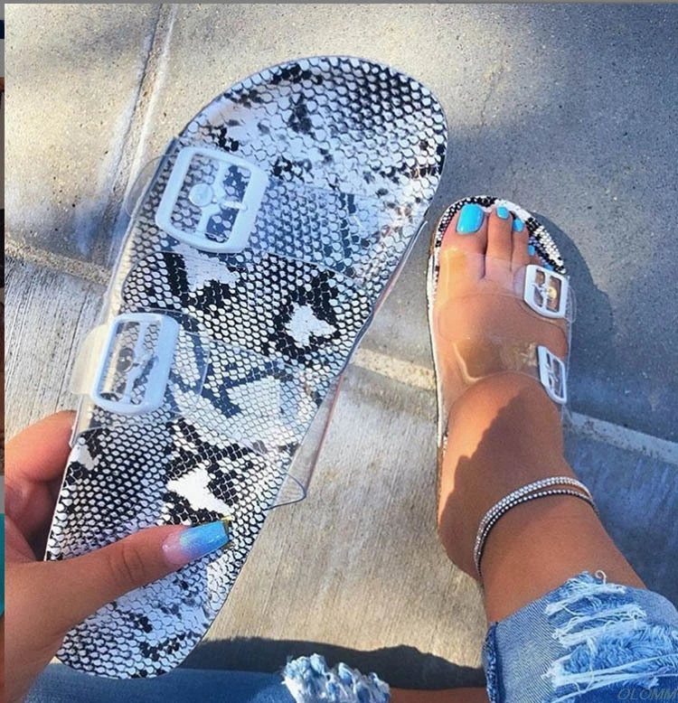 

Clear shoes 2019 new summer open toe belt buckle flat slippers ladies Snake shallow casual beach Slide woman shoes