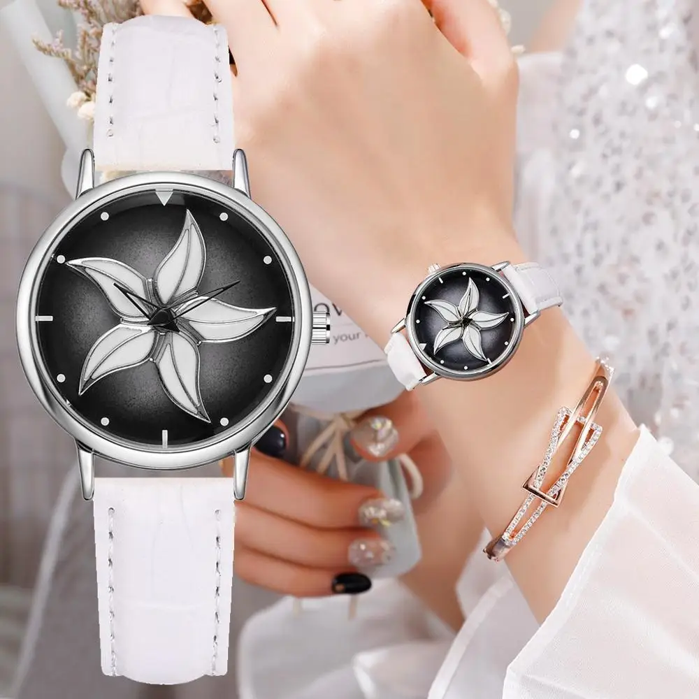 

Fashion 360 Rotation flower Dial Ladies Watch Luxury Diamond Leather Strap Quartz Women's Watch reloj for women gift