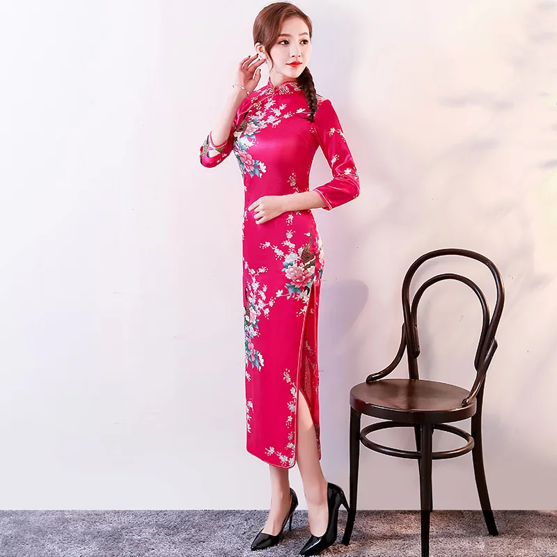 Черное Красное китайское традиционное платье женское шелковое атласное cheongsam винтажное Ципао с коротким рукавом длинное платье с цветами плюс - Цвет: color6